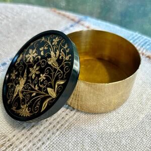 Vintage Oneida Brass Trinket Box with Velvet Lining, Floral Bird Lid – 2.5” Wide